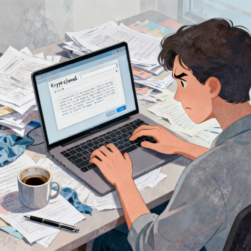 A cluttered desk with a person manually typing keywords into a basic word cloud tool, frustrated expression, muted colors, digital illustration style.