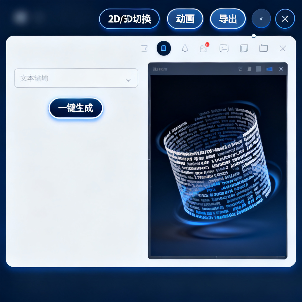 轻云图软件的主界面截图。左侧是文本输入框和“一键生成”按钮,右侧是实时预览窗口,显示一个正在旋转的3D文字云。界面顶部菜单栏包含“2D/3D切换”“动画”“导出”等选项。整体设计简洁,按钮和标签均为圆角,配色以深蓝和白色为主,强调科技感与易用性。