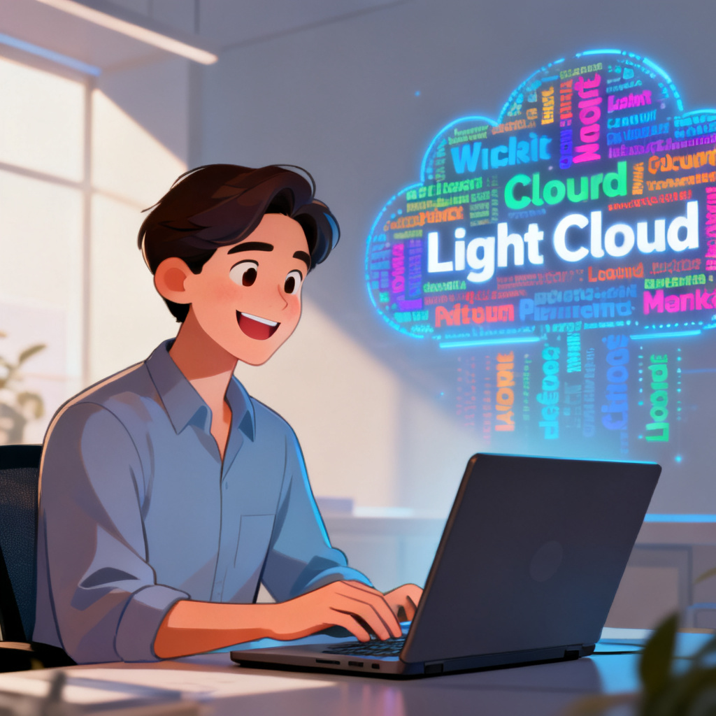 A professional user smiling while using LightCloud (轻云图) on a laptop, with a stunning word cloud projected behind.
