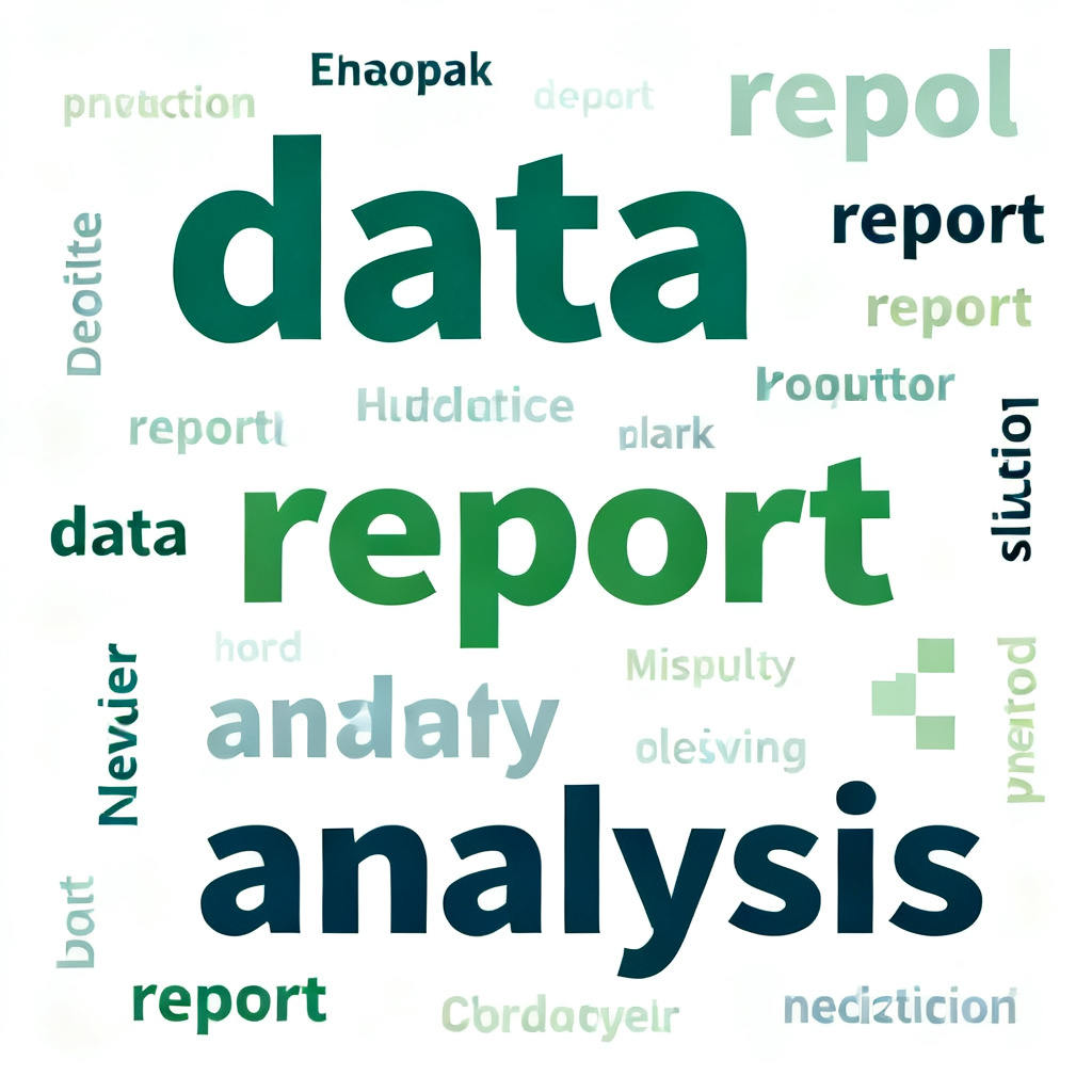 A flat, static word cloud with basic colors and simple shape, keywords like "data", "report", "analysis" arranged randomly, dull visual effect, low resolution