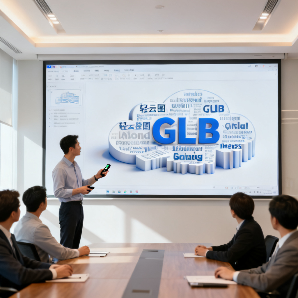 会议室大屏幕上展示PPT页面，内含轻云图生成的GLB 3D词云，关键词以立体排列，演示者手持遥控器，观众专注观看，场景明亮专业。
