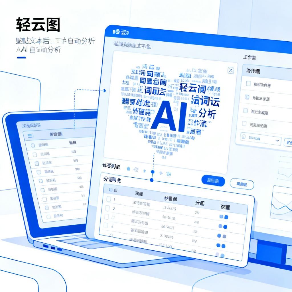 一个用户将文本粘贴到轻云图界面，AI自动分析并生成词云工作流，显示分词列表和权重分配，风格为扁平化科技插画，蓝色与白色配色，高对比度