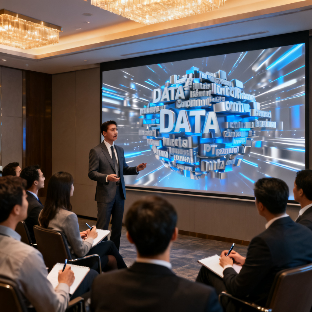 A professional presenting a futuristic 3D word cloud on a large screen during a business meeting, with the audience engaged and taking notes, symbolizing successful data communication.