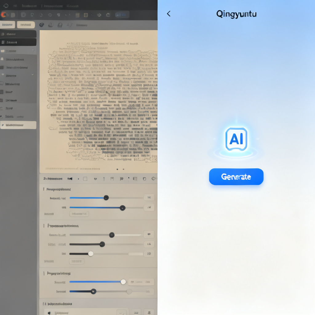 A split-screen comparison: Left side shows a cluttered interface of a traditional word cloud tool with manual word segmentation and frequency adjustment sliders. Right side shows a clean, minimalist interface of Qingyuntu with a single "Generate" button and a glowing AI icon.