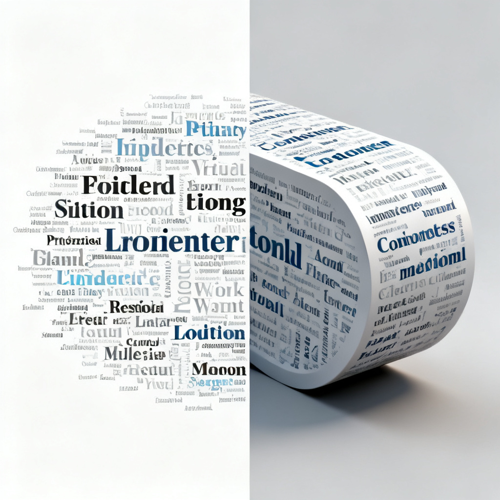 Side-by-side comparison: left side shows a messy 2D word cloud, right side shows a sleek 3D animated word cloud with smooth rotation, professional style