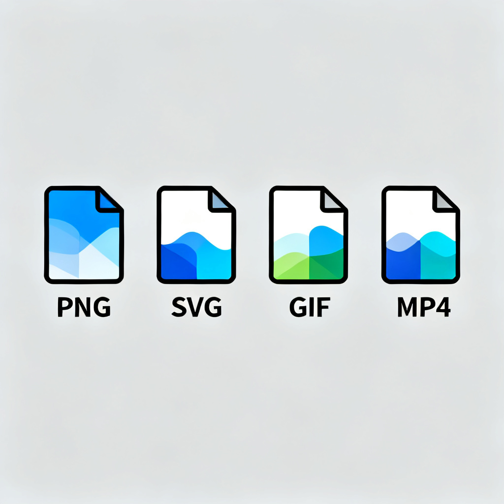 一张展示轻云图输出格式多样性的信息图，从左到右依次为PNG、SVG、GIF、MP4四种格式的缩略图，每个图标下方标注格式名称，背景为浅灰色，整体风格简洁清晰
