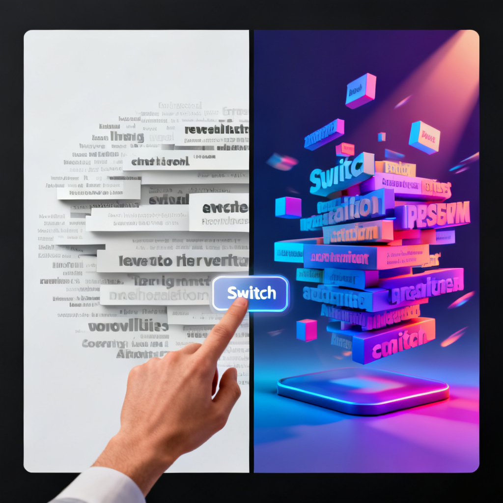 A split-screen comparison showing a traditional 2D word cloud on the left and a vibrant 3D word cloud with animation effects on the right, with a human hand clicking a switch button
