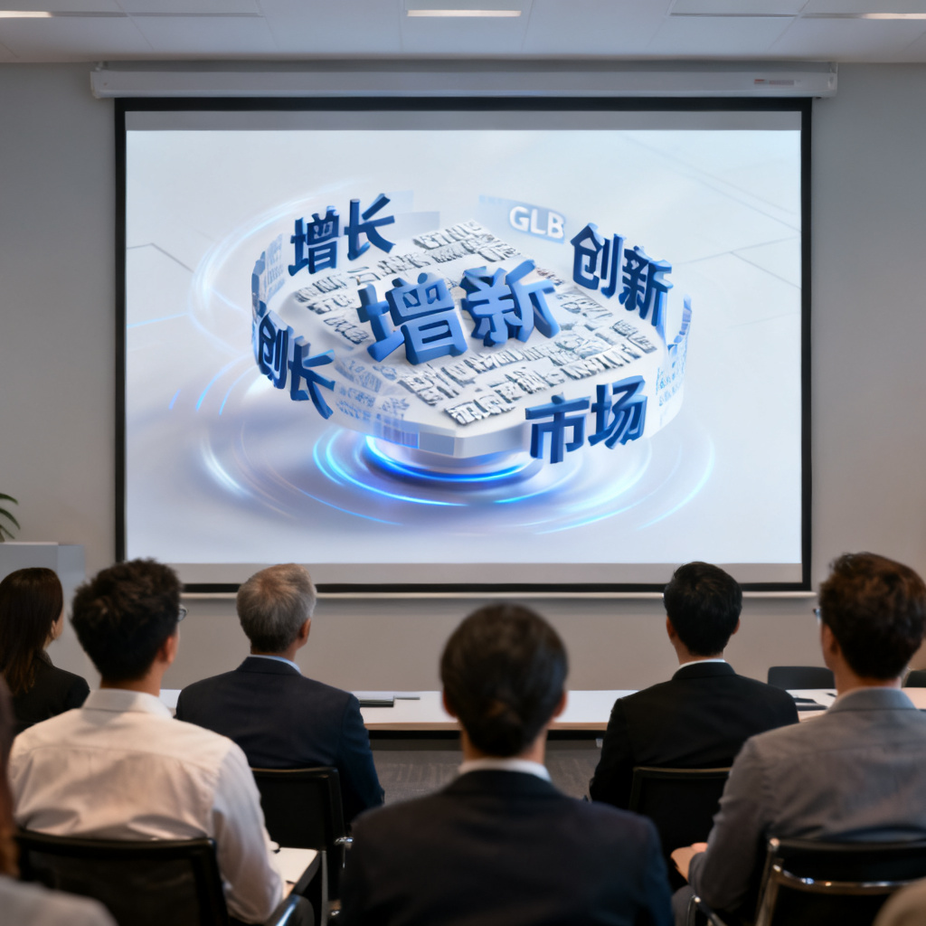 职场白领在PPT中嵌入轻云图生成的GLB模型,展示旋转动画,会议场景专业,屏幕显示3D文字云,关键词包括“增长”“创新”“市场”,观众专注