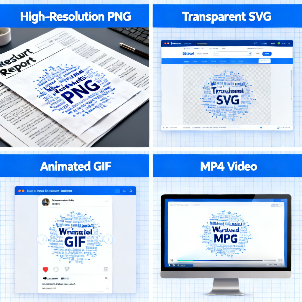 A split-screen interface showing four export options from a word cloud tool: high-resolution PNG, transparent SVG, animated GIF, and MP4 video, with each format displayed in its typical usage context