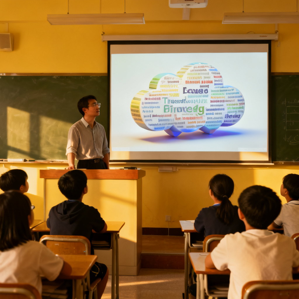 一位教师站在教室讲台上，身后大屏幕展示轻云图生成的3D词云，学生抬头观看，课堂氛围活跃，教室有黑板和课桌椅