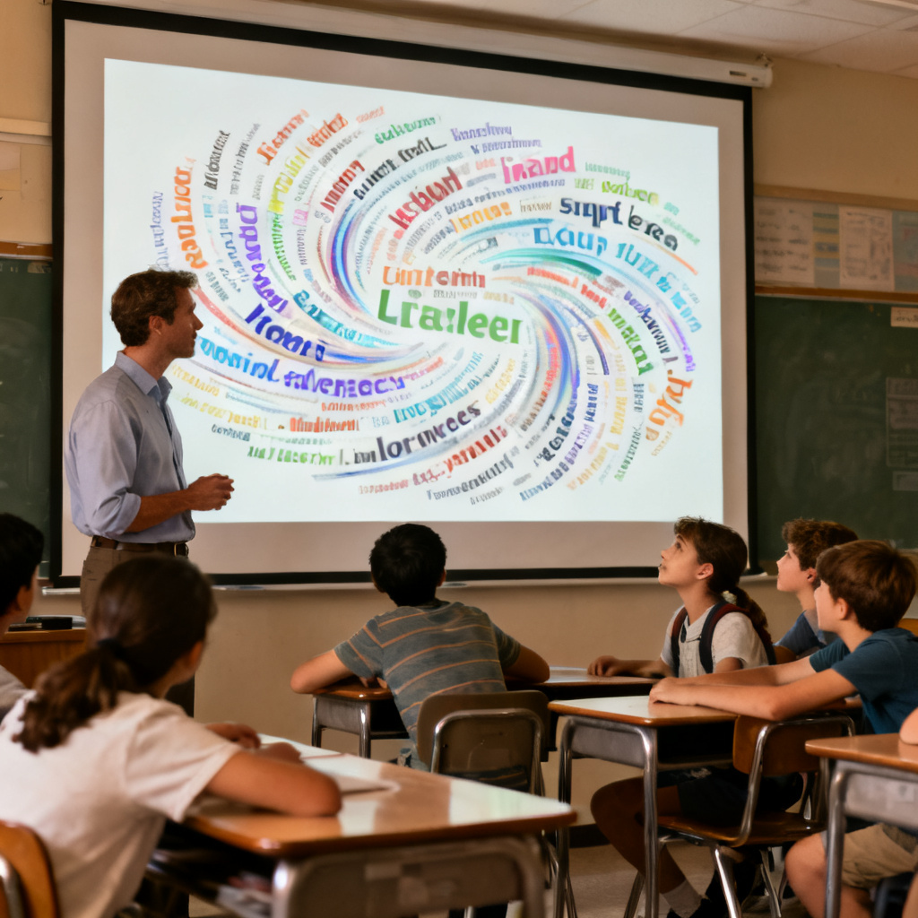 A teacher presenting a dynamic word cloud on a large screen in a classroom, with students engaged