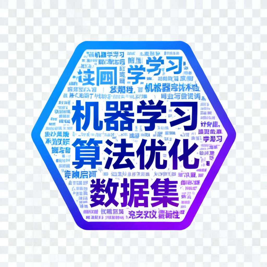 2D文字云，形状为六边形，关键词“机器学习”“算法优化”“数据集”，蓝色与紫色渐变，背景透明