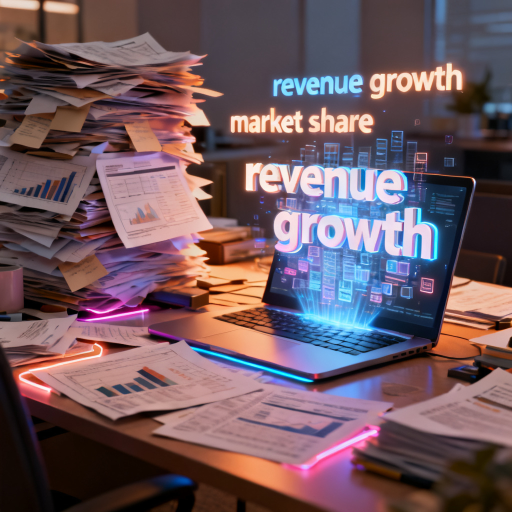 A chaotic pile of scattered documents and data sheets on a cluttered desk, contrasting with a sleek, glowing 3D word cloud emerging from a laptop screen, keywords like "revenue growth" and "market share" floating in mid-air