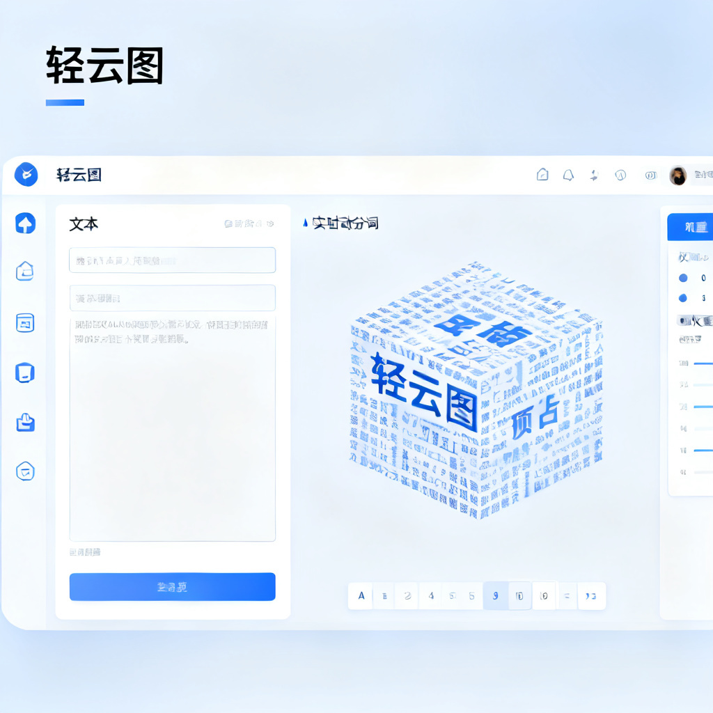轻云图操作界面截图，左侧为文本输入框，右侧实时生成3D文字云预览，界面简洁清晰，带有AI自动分词和权重调整面板，整体采用扁平化设计风格。