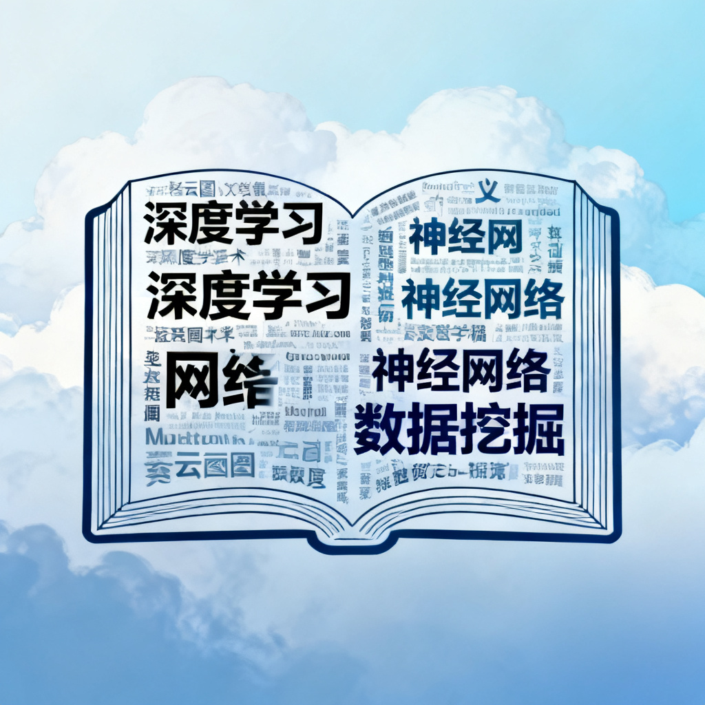 一张轻云图生成的学术类文字云，形状为书籍轮廓，包含“深度学习”“神经网络”“数据挖掘”等关键词，背景为淡蓝色渐变，文字为黑色和深蓝色