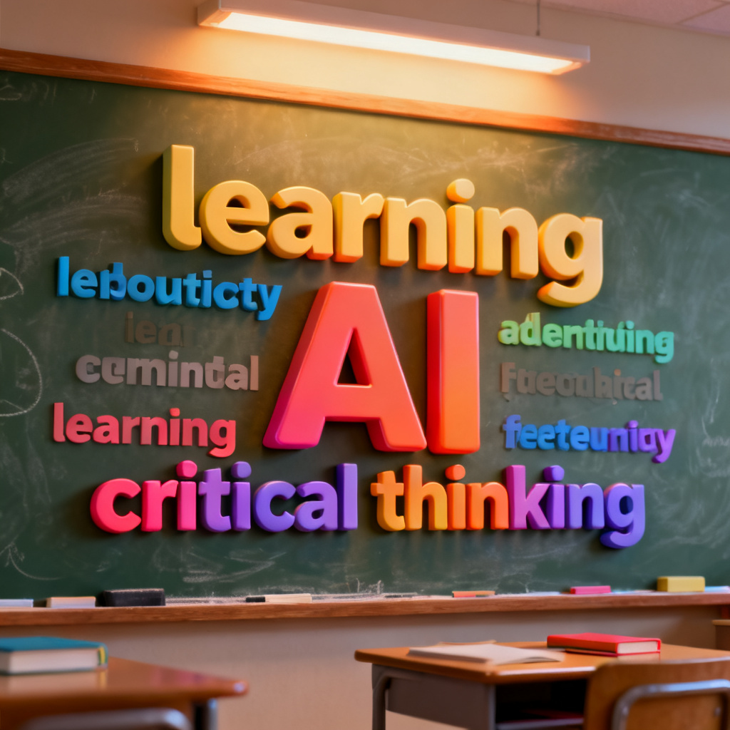 An educational word cloud with colorful 3D shapes, including terms like 'learning', 'AI', and 'critical thinking', set against a classroom chalkboard background with warm lighting