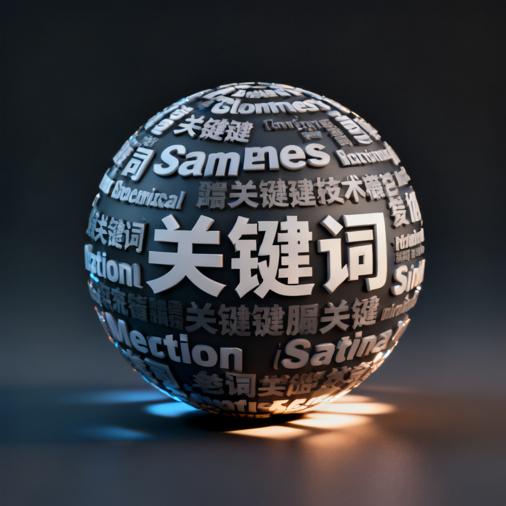 一个3D球体形状的文字云,关键词在表面旋转,带有光影效果,背景是深色渐变