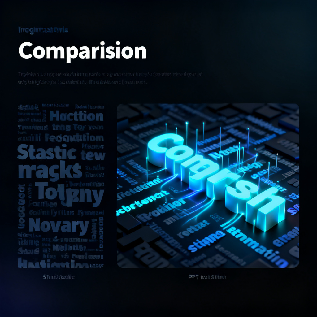 A before-and-after comparison: left side shows a static, flat word cloud with low resolution; right side shows a dynamic 3D word cloud with animation effects, embedded in a PPT slide. The slide has a professional dark theme with glowing text.