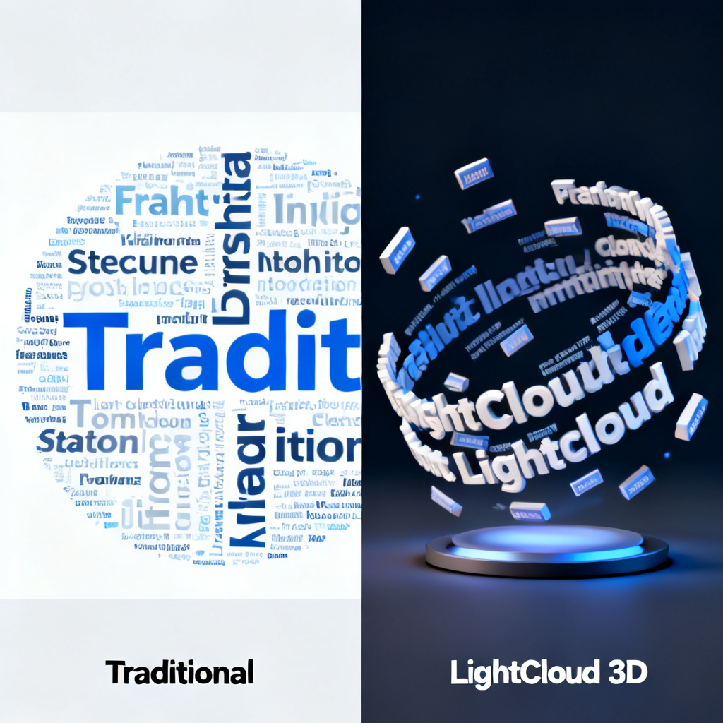A split-screen comparison of a static flat word cloud on the left and a dynamic animated 3D word cloud on the right, with labels showing "Traditional" and "LightCloud 3D", emphasizing the transition from static to interactive.