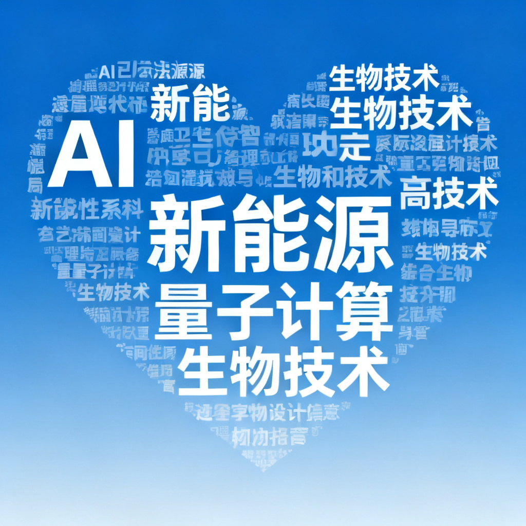 一个心形的文字云，关键词包括“AI”“新能源”“量子计算”“生物技术”，背景为蓝色渐变，字体为白色无衬线，整体风格现代简洁