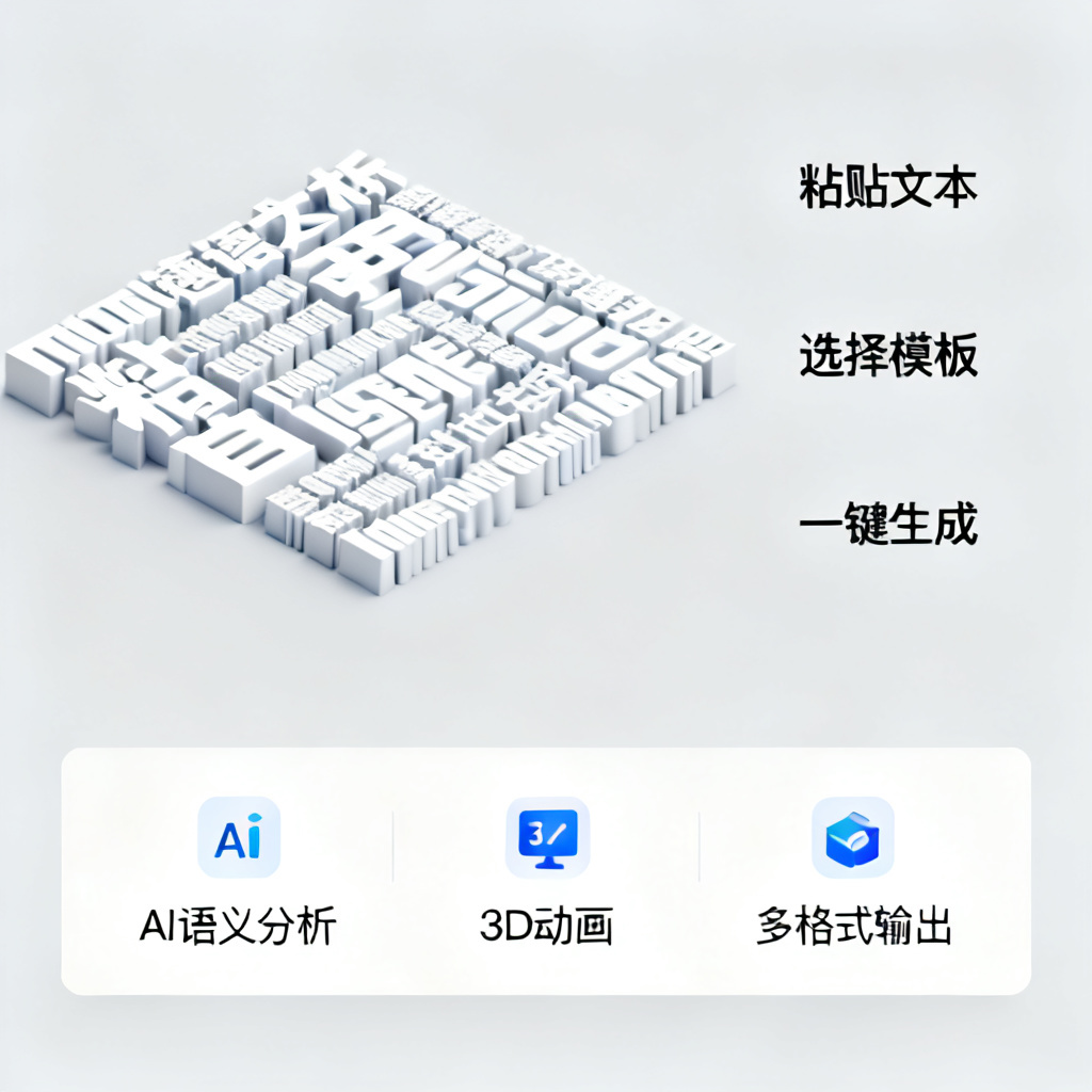 轻云图官网界面特写，左侧展示3D词云生成示例，右侧为“粘贴文本-选择模板-一键生成”的简洁操作流程，下方显示“AI语义分析”“3D动画”“多格式输出”三大核心功能图标，整体设计现代极简