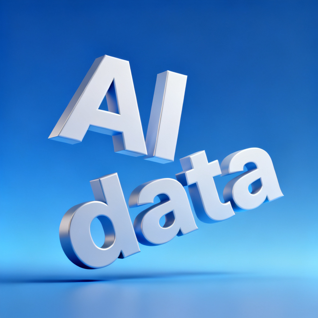 A 3D word cloud with rotating animation, keywords like "AI" and "data" floating in space, professional blue gradient background, high resolution, photorealistic render, suitable for business presentation