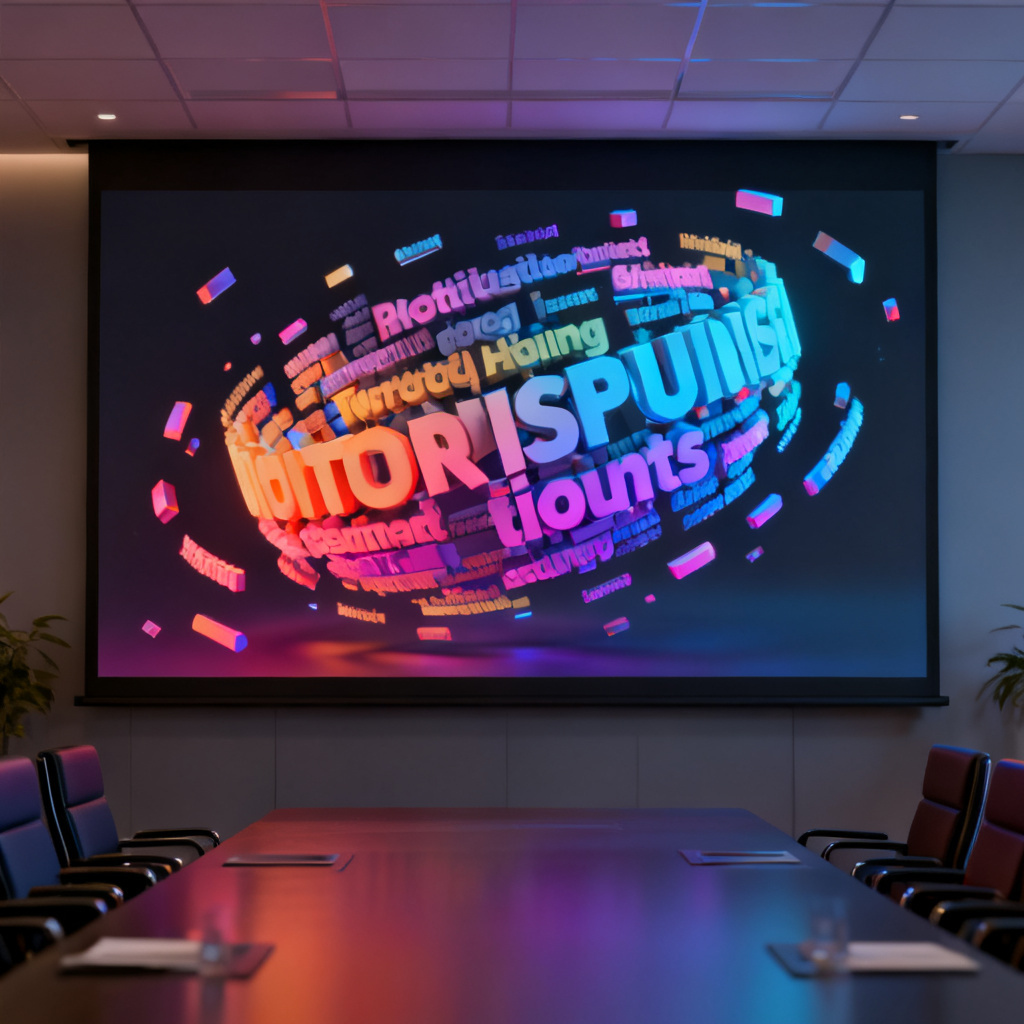 A 3D word cloud with keywords floating in three-dimensional space, rotating animation effect, vibrant colors and gradient lighting, modern and high-tech style, displayed on a large screen in a conference room