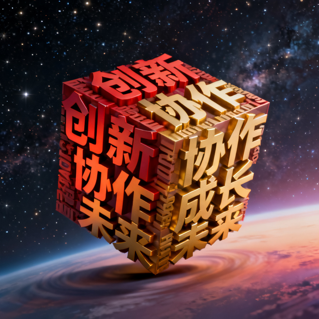 一个3D文字云，形状为立方体，关键词包括“创新”“协作”“成长”“未来”，文字颜色从红色渐变到金色，背景为太空星空，动画效果为缓慢旋转