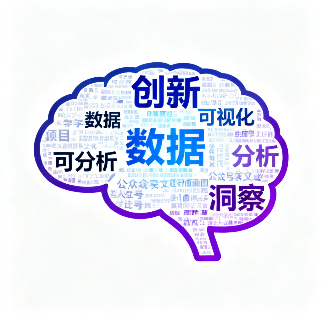 一张高清PNG文字云，形状为大脑轮廓，关键词包括“创新”“数据”“可视化”“分析”“洞察”，色彩从中心蓝色渐变至外围紫色，背景为纯白，适合作为学术论文或公众号文章封面图