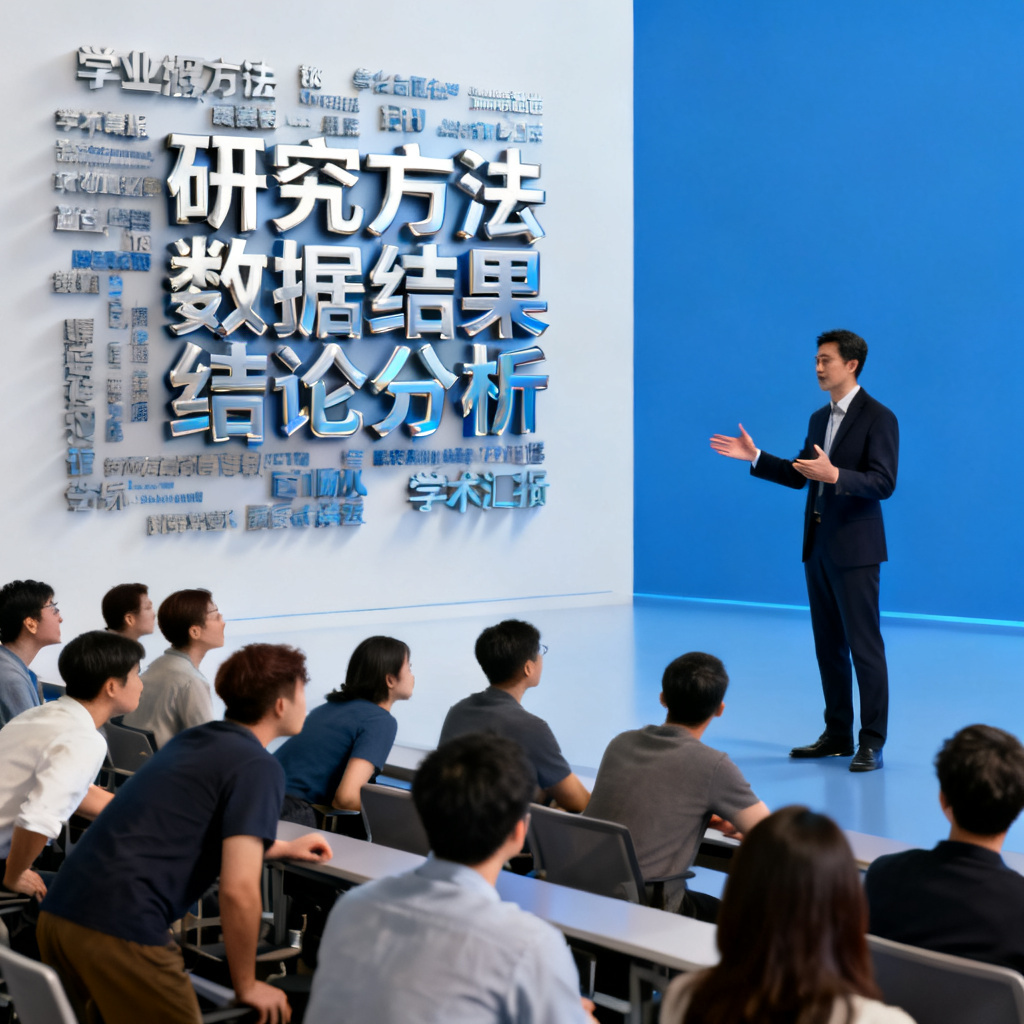 学术汇报PPT页面,左侧是3D文字云模型,右侧是演讲者,观众专注观看,突出交互演示。