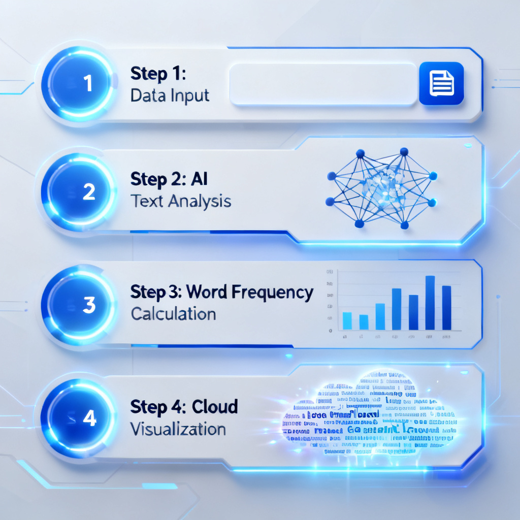 A futuristic dashboard interface showing a word cloud generation process with AI analysis steps, clean UI with blue and white color scheme, glowing progress indicators
