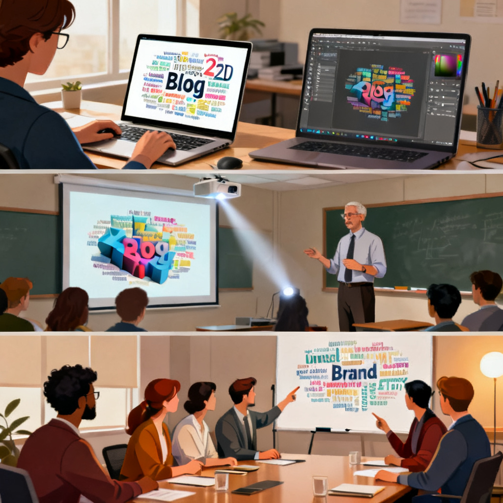A split-screen showing three use cases: a social media manager using a laptop to generate a word cloud for a blog cover, a professor presenting a 3D word cloud on a projector screen, and a marketing team collaborating on a brand word cloud in a meeting room