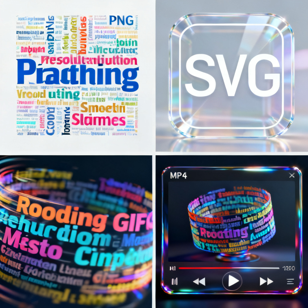 A collage showing four output formats: a high-resolution PNG of a word cloud, a transparent SVG icon, a looping GIF with animated words, and an MP4 video player interface with a rotating 3D word cloud