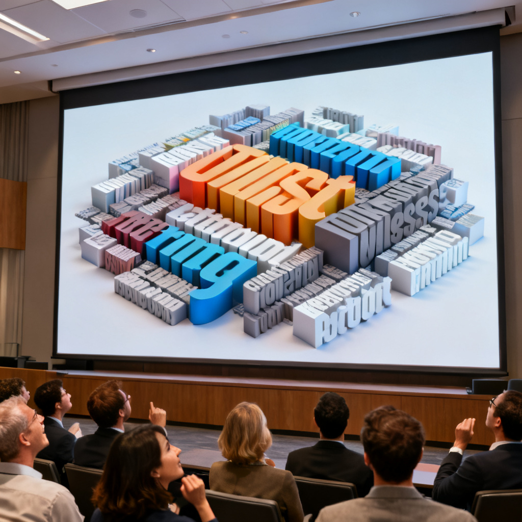 A professional presentation slide with a 3D word cloud embedded, being displayed on a large screen in a conference room, with audience members looking impressed.