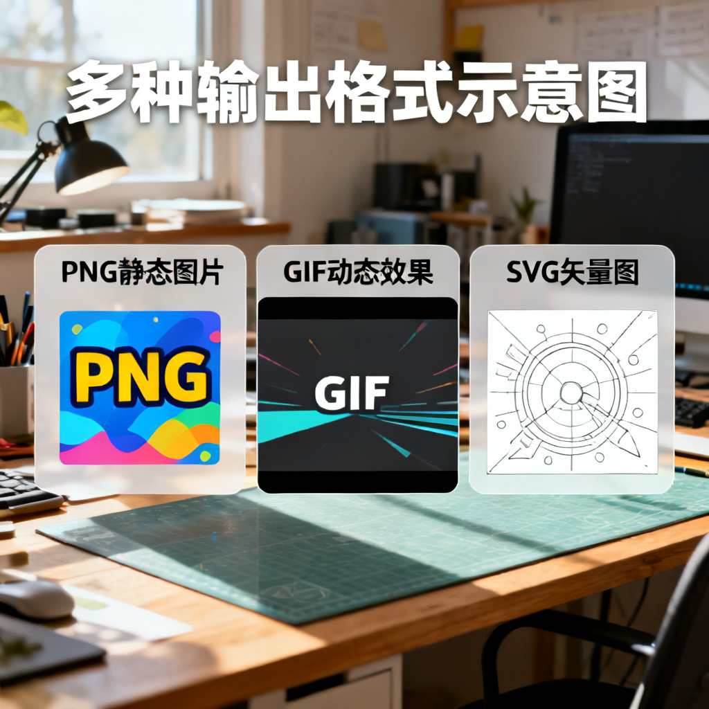 一张桌面展示多种输出格式的示意图，左侧为PNG静态图片，中间为GIF动态效果，右侧为SVG矢量图，背景为工作台，光线明亮