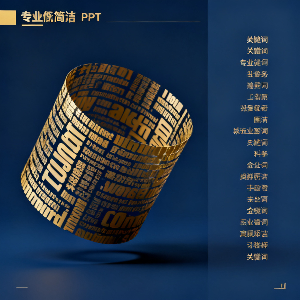 一个商务场景的PPT页面，左侧是3D文字云模型旋转，右侧是关键词列表，整体配色为深蓝与金色，风格专业简洁