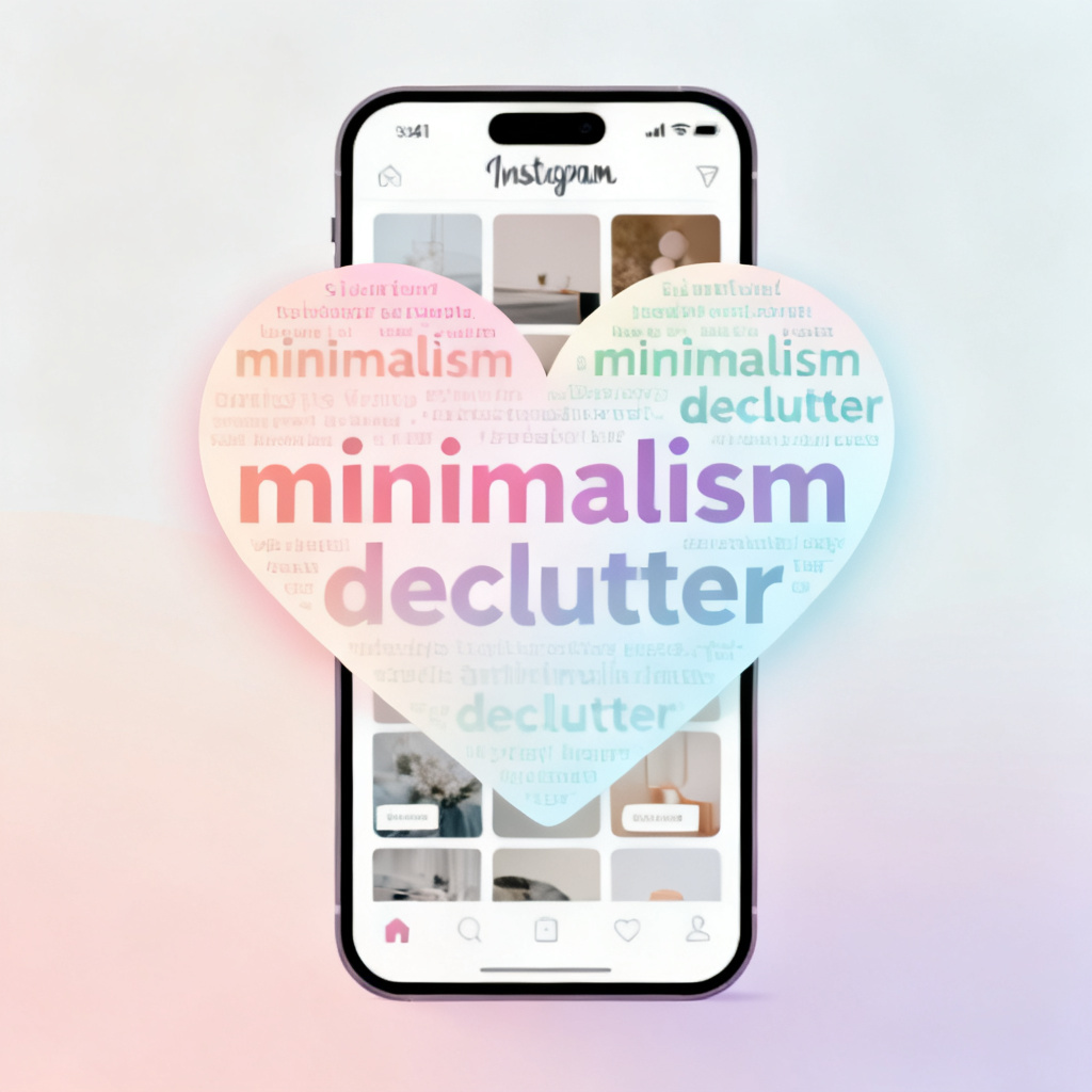 A heart-shaped word cloud with words like "minimalism" and "declutter" fading in on a smartphone screen, background with Instagram-style feed, style flat design with pastel colors