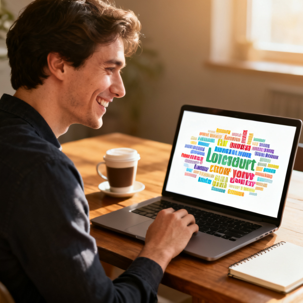 A person sitting at a desk, smiling at a laptop screen. On the screen, a colorful word cloud is visible. The desk has a coffee cup and a notebook. The overall mood is positive and productive, suggesting a successful user experience.