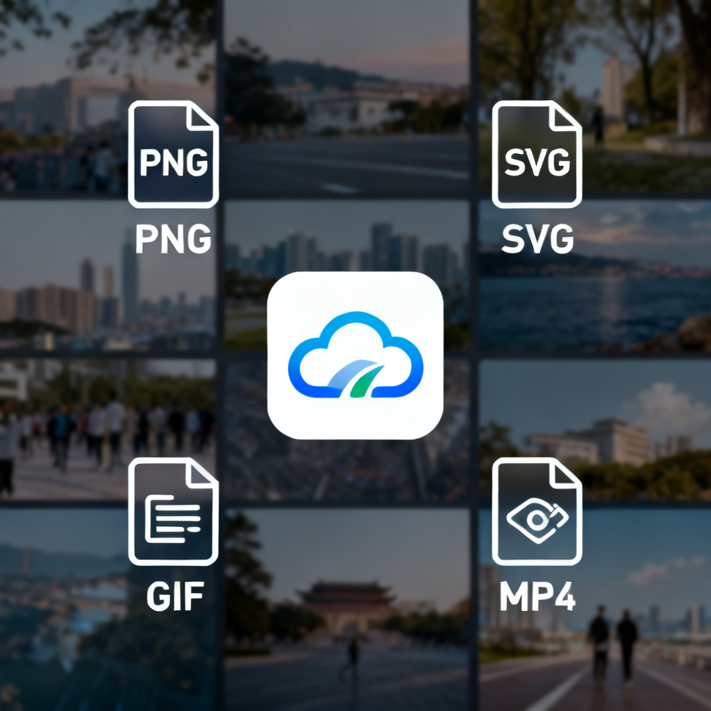 PNG、SVG、GIF、MP4四种格式图标环绕在轻云图Logo周围，背景是不同场景的缩略图