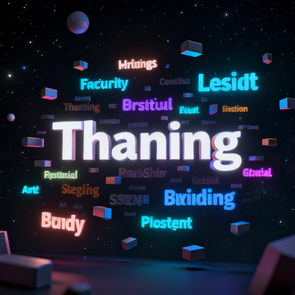 A 3D word cloud with glowing text elements floating in a dark space, various fonts and colors, generating a futuristic and professional visual.
