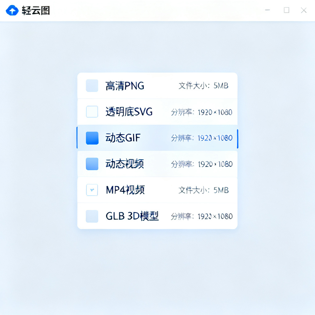 轻云图软件界面截图，显示多个格式导出选项，包括高清PNG、透明底SVG、动态GIF、MP4视频和GLB 3D模型，每个选项旁边有文件大小和分辨率说明。