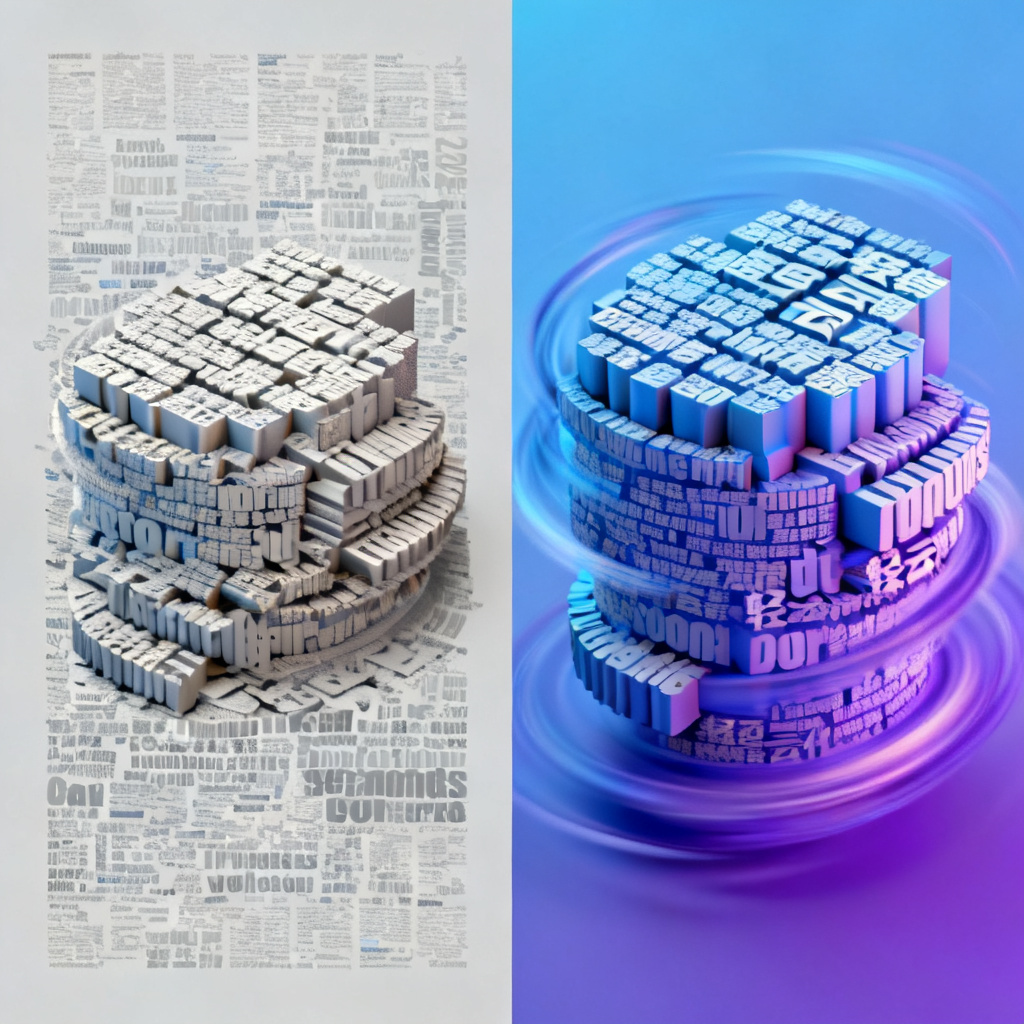 对比图:左侧是传统平面词云,颜色单调,文字堆叠杂乱;右侧是轻云图生成的3D立体文字云,带有动态旋转效果,色彩层次分明,文字清晰可读