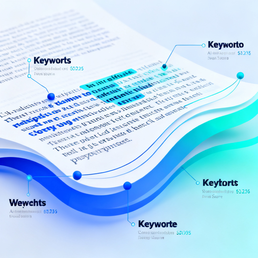 A diagram showing AI extracting keywords from a paragraph of text, with highlighted terms and weight scores, abstract visualization of semantic analysis process, clean and professional style with blue and cyan gradient