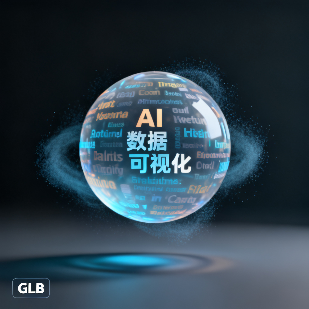 一个半透明的3D球形文字云悬浮在深色背景中。关键词如“AI”“数据”“可视化”以不同大小和颜色分布在球体表面,并带有缓慢的旋转动画。球体周围有淡蓝色的粒子光晕,底部投射出柔和阴影。画面左下角显示“GLB”格式标签,暗示其可嵌入演示软件。
