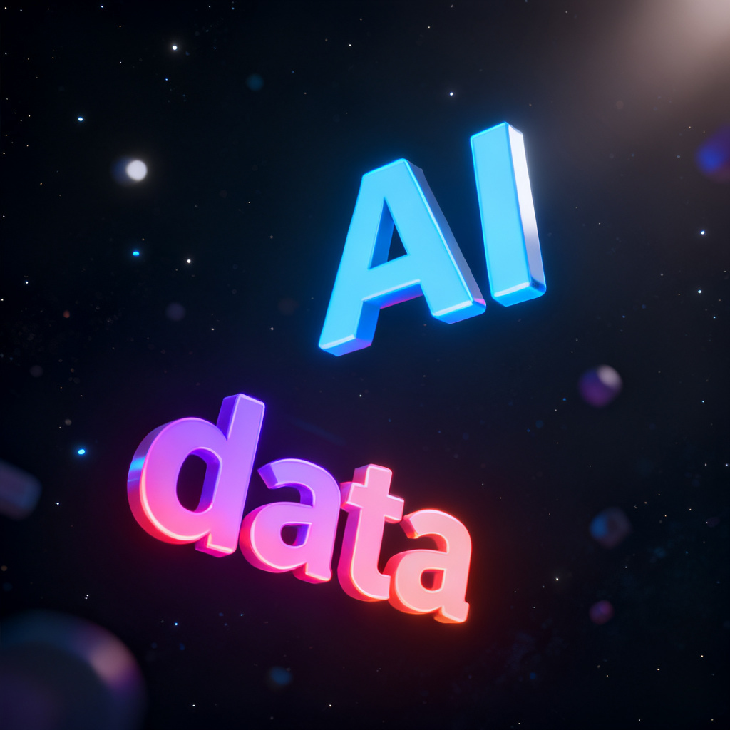 A 3D word cloud with glowing key terms floating in dark space, rotating slowly, keywords like "AI" and "data" in bold colors, cinematic lighting, photorealistic rendering.