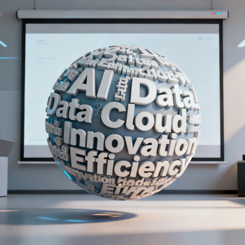 A 3D word cloud with the text "AI, Data, Cloud, Innovation, Efficiency" arranged in a spherical formation, rotating slowly with soft lighting and shadow effects, displayed on a modern presentation screen.