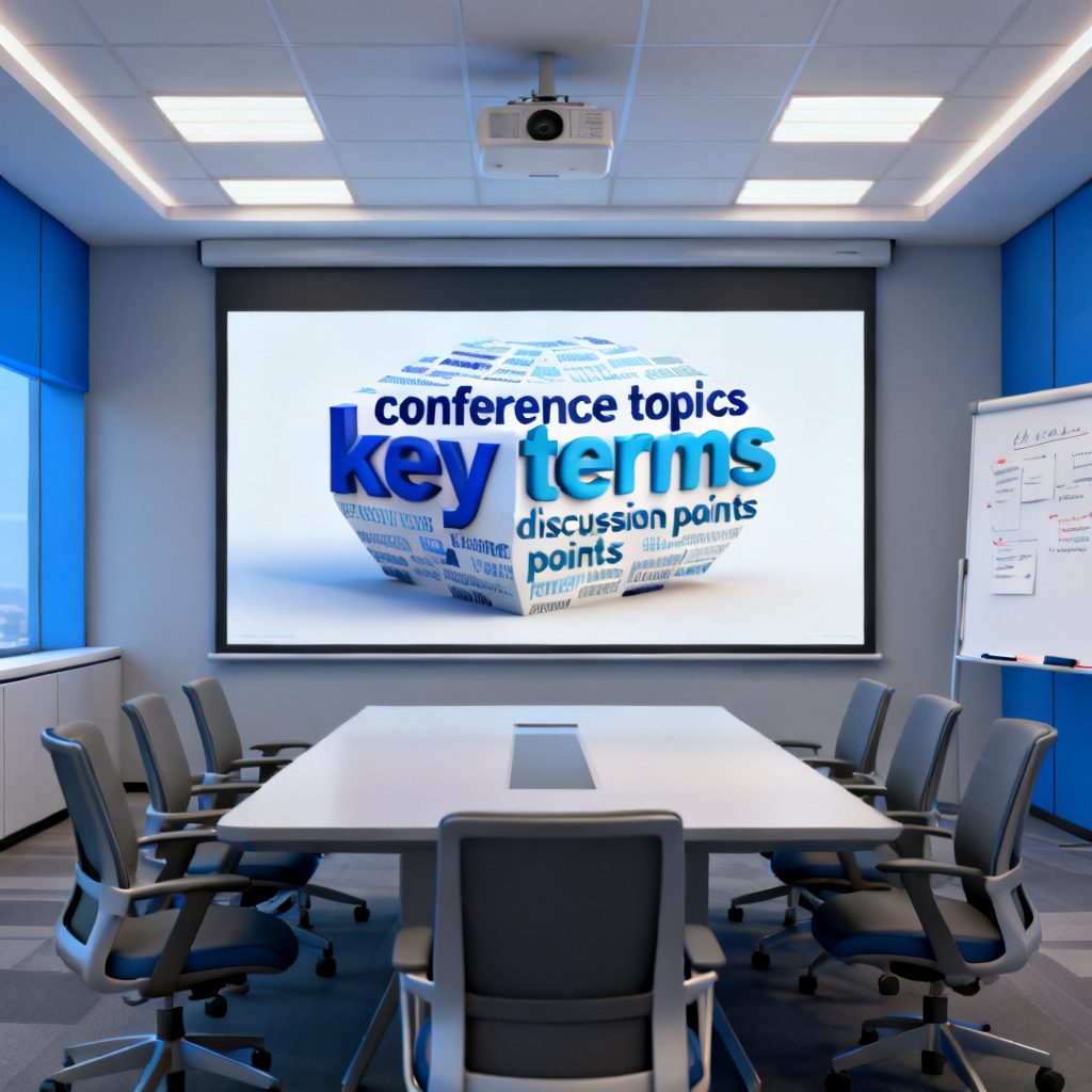 A word cloud exported as GLB model, embedded in a PowerPoint slide with interactive rotation, in a conference room