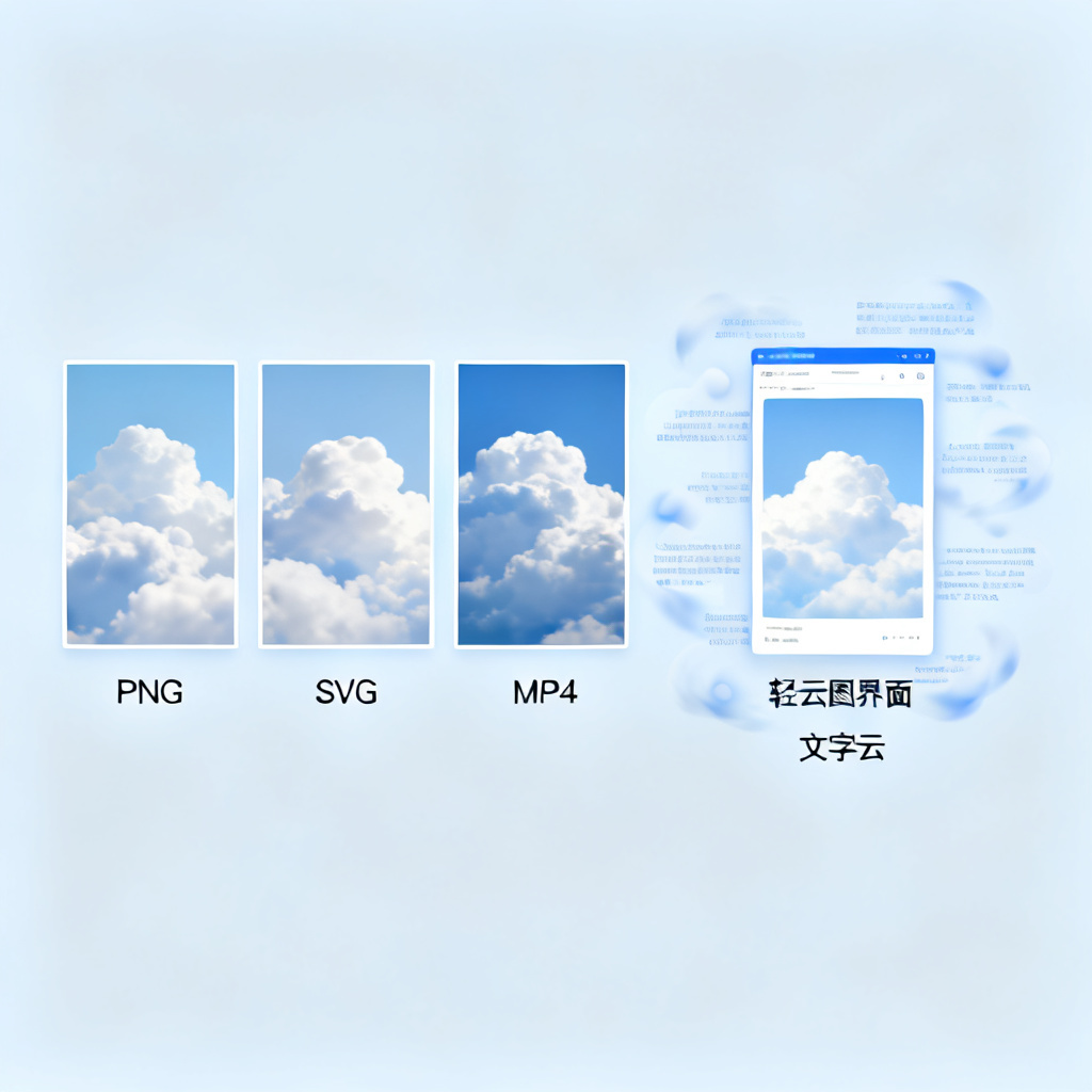 多种输出格式的示例图，包括PNG、SVG、GIF和MP4，旁边有轻云图界面和文字云元素