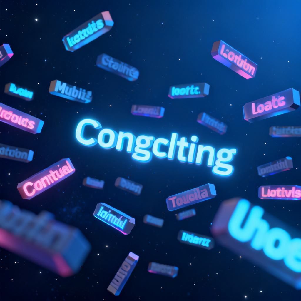 A futuristic 3D word cloud with glowing text elements floating in a dark blue space, each word emitting a soft neon glow, high resolution, 8k, cinematic lighting, photorealistic style