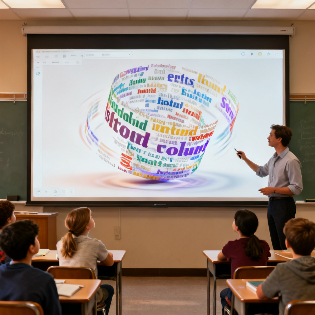 An educator using a 3D word cloud in a classroom setting, with students looking at the rotating model on a large screen